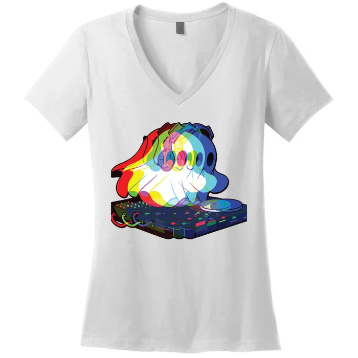 House Music Ghost Halloween Techno Rave Halloween Party Women's V-Neck T-Shirt