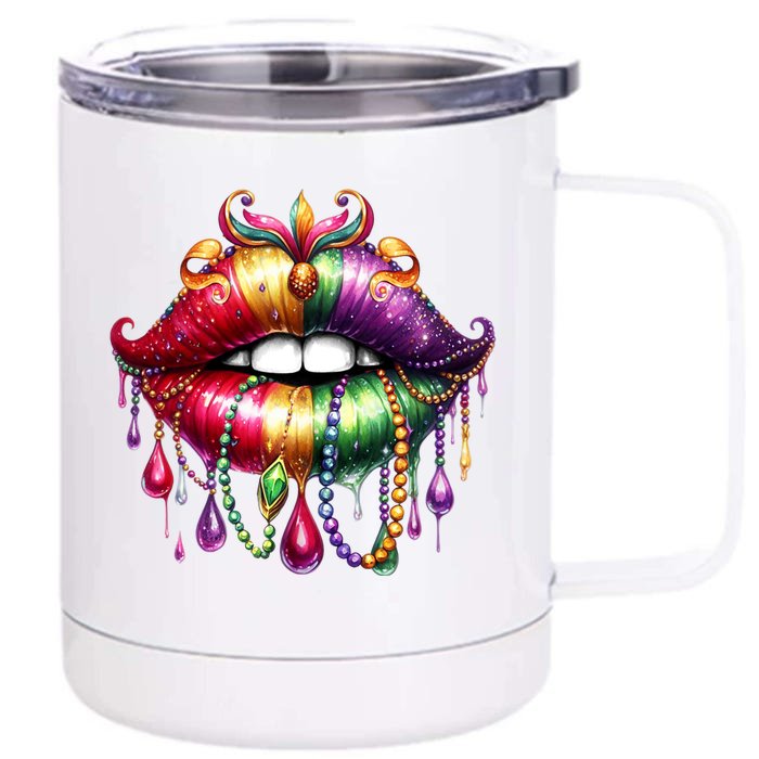 Happy Mardi Gras Carnival Party Beads Cute Lips Queen Louisiana Front & Back 12oz Stainless Steel Tumbler Cup