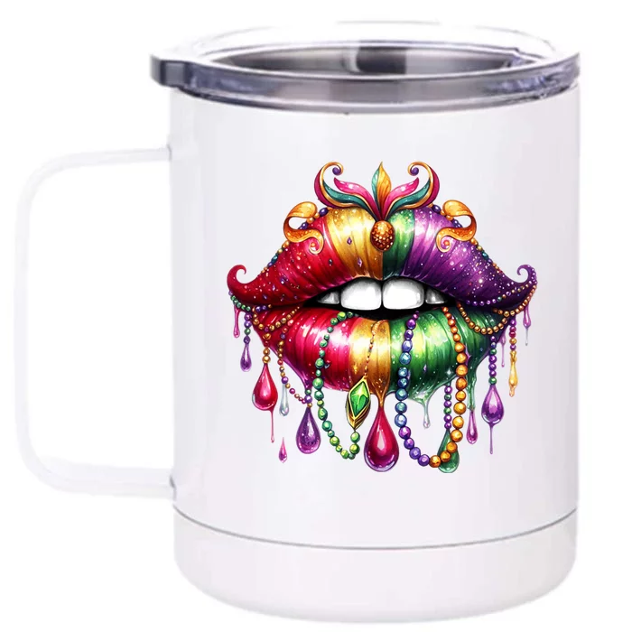 Happy Mardi Gras Carnival Party Beads Cute Lips Queen Louisiana Front & Back 12oz Stainless Steel Tumbler Cup