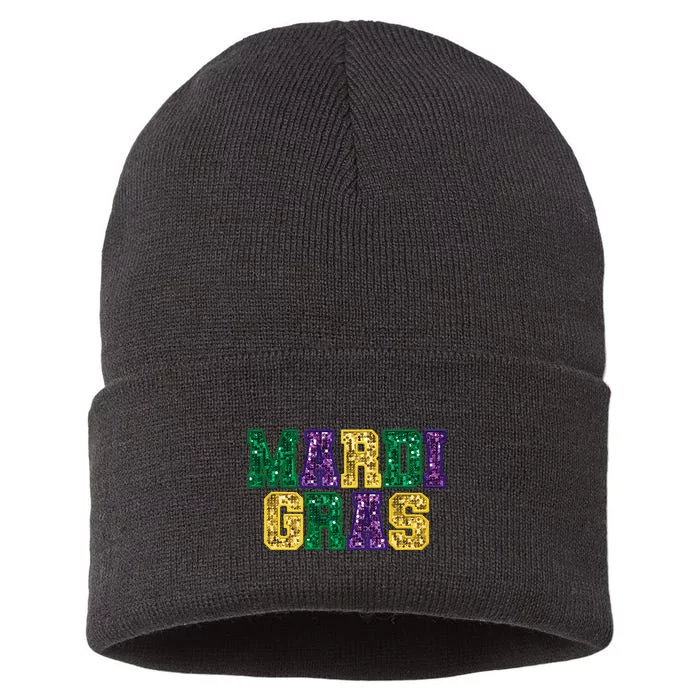 Happy Mardi Gras Carnival Fat Tuesday Fleur De Lis Sustainable Knit Beanie