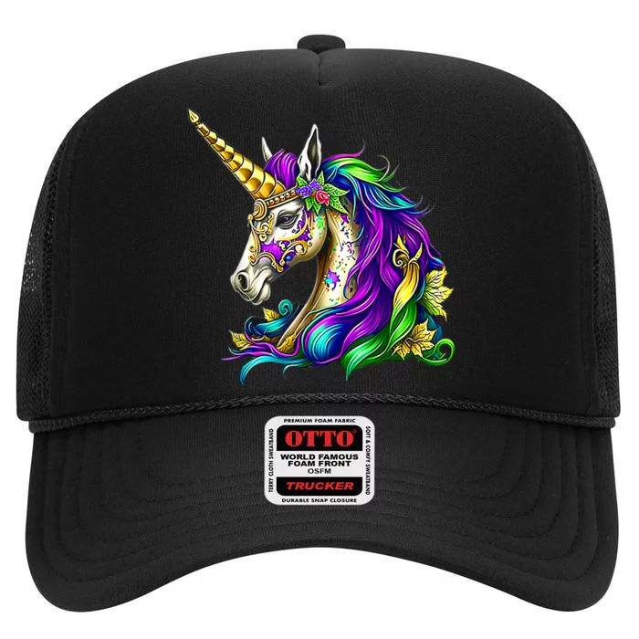 Happy Mardi Gras Unicorn High Crown Mesh Trucker Hat