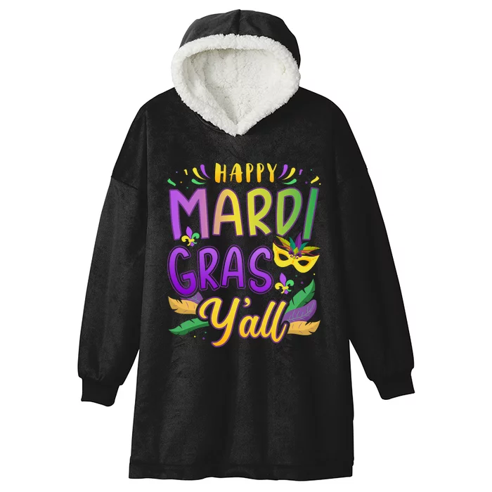 Happy Mardi Gras YAll With Mask For New Orleans Carnival Hooded Wearable Blanket