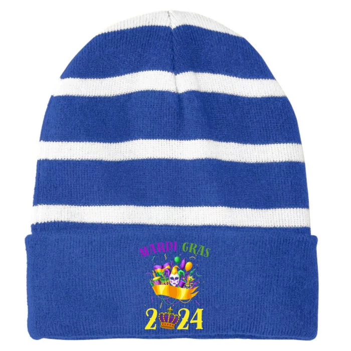 Happy Mardi Gras 2024 Carnival Mardi Gras 2024 Striped Beanie with Solid Band