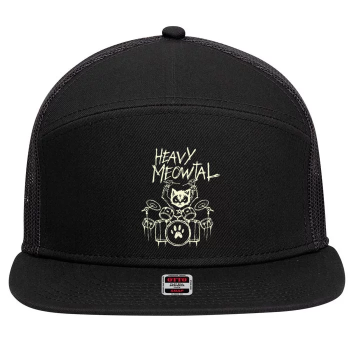 Heavy Metal Headbanger Gift Drummer Cat Playing Drum Meowtal 7 Panel Mesh Trucker Snapback Hat