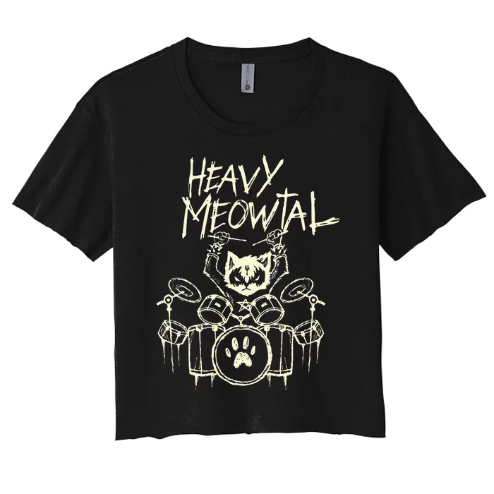 Heavy Metal Headbanger Gift Drummer Cat Playing Drum Meowtal Women's Crop Top Tee