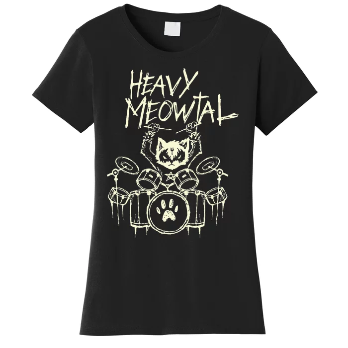 Heavy Metal Headbanger Gift Drummer Cat Playing Drum Meowtal Women's T-Shirt