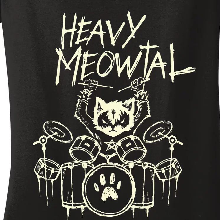 Heavy Metal Headbanger Gift Drummer Cat Playing Drum Meowtal Women's V-Neck T-Shirt