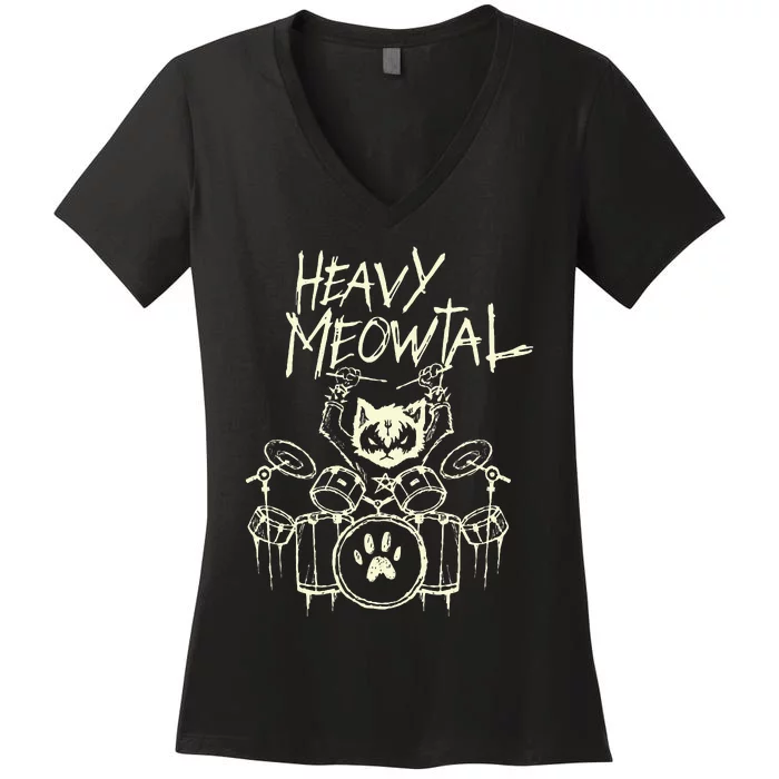 Heavy Metal Headbanger Gift Drummer Cat Playing Drum Meowtal Women's V-Neck T-Shirt