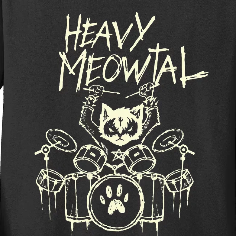 Heavy Metal Headbanger Gift Drummer Cat Playing Drum Meowtal Kids Long Sleeve Shirt