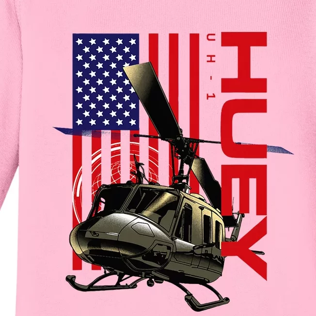 Huey Military Helicopter Airplane American Flag Baby Long Sleeve Bodysuit