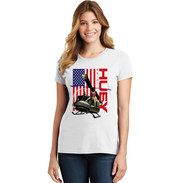 Huey Military Helicopter Airplane American Flag Women's T-Shirt