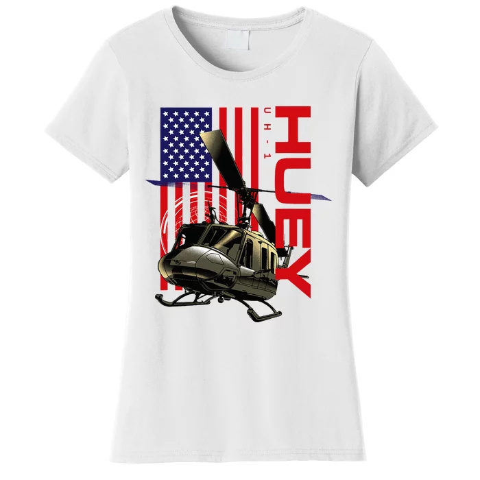 Huey Military Helicopter Airplane American Flag Women's T-Shirt