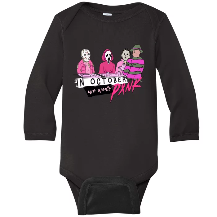 Horror Movies In October We Wear Pink For Breast Cancer Awareness Baby Long Sleeve Bodysuit