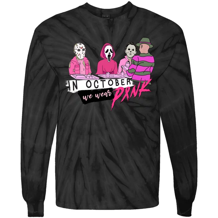 Horror Movies In October We Wear Pink For Breast Cancer Awareness Tie-Dye Long Sleeve Shirt