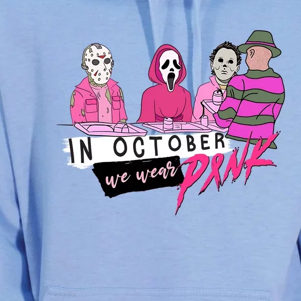 Horror Movies In October We Wear Pink For Breast Cancer Awareness Unisex Surf Hoodie