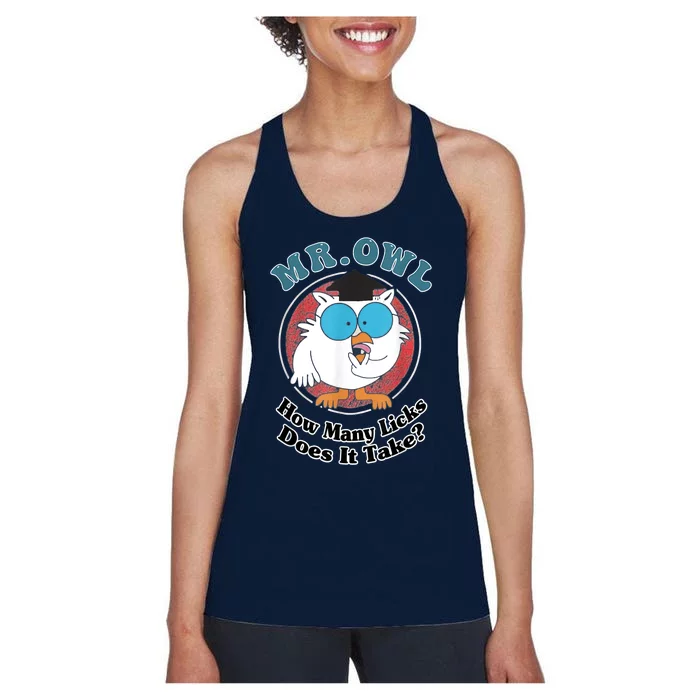 How Many Licks Does It Take Funny Owl Sarcastic Women's Racerback Tank