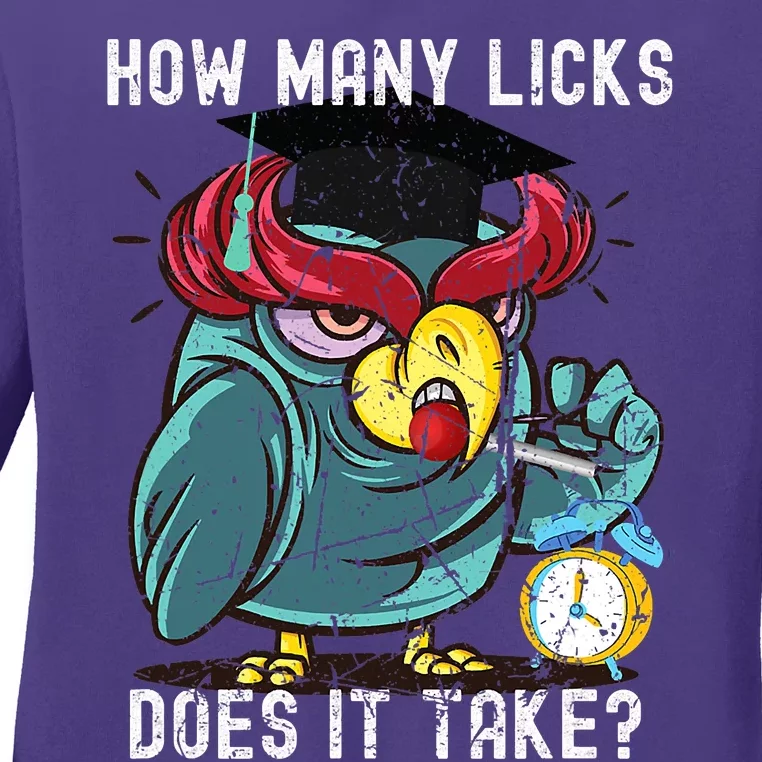 How Many Licks Does It Take Retro Owl Funny Trending Ladies Long Sleeve Shirt