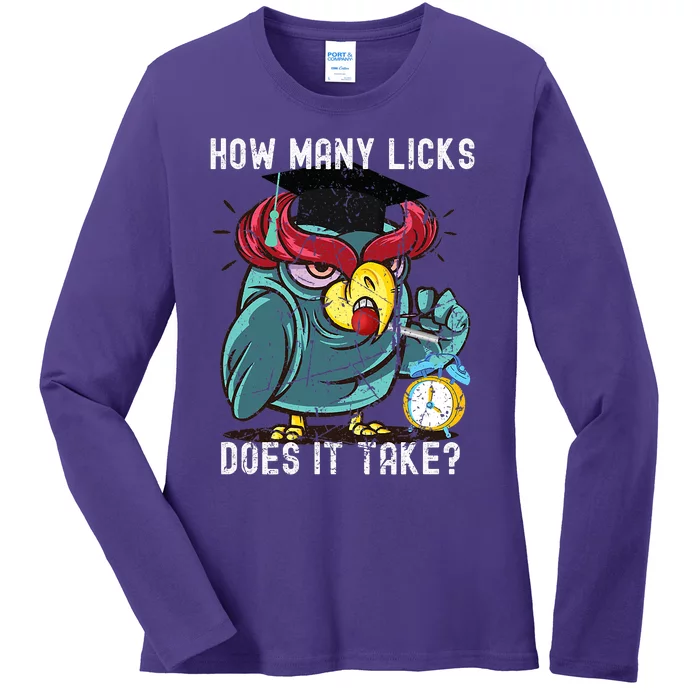 How Many Licks Does It Take Retro Owl Funny Trending Ladies Long Sleeve Shirt