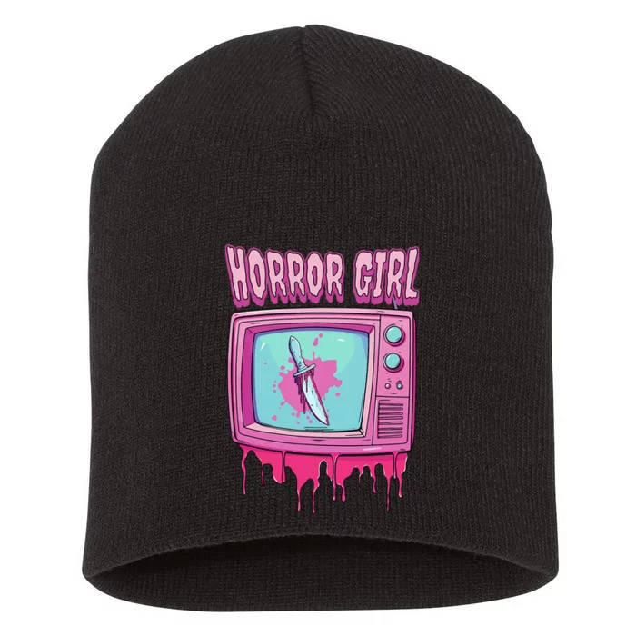 Horror Movie Lover Pastel Goth Slasher Pink Retro Tv Scary Short Acrylic Beanie