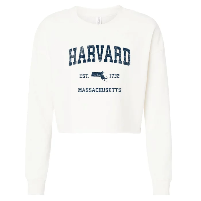 Harvard Massachusetts MA Vintage Sports Design Navy Print Cropped Pullover Crew