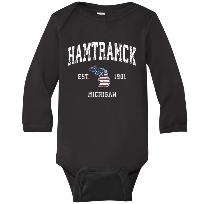 Hamtramck Michigan Mi Vintage American Flag Sports Design Baby Long Sleeve Bodysuit