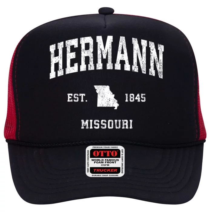 Hermann Missouri Mo Vintage Athletic Sports High Crown Mesh Trucker Hat