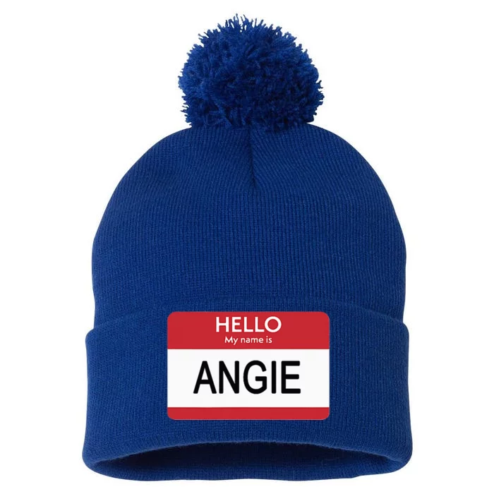 Hello My Name Is Angie Name Tag Pom Pom 12in Knit Beanie