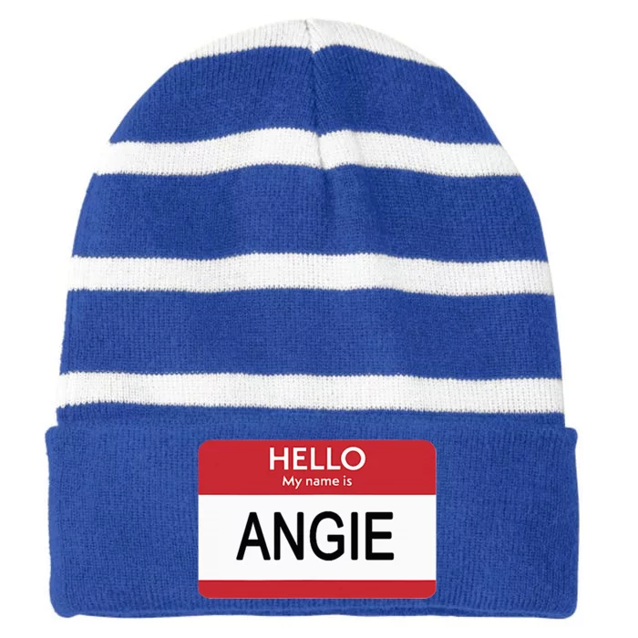 Hello My Name Is Angie Name Tag Striped Beanie with Solid Band