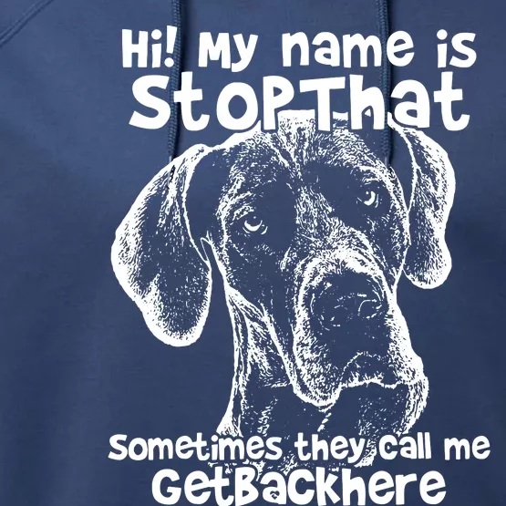 Hi My Name Is Stop That Funny Great Dane Performance Fleece Hoodie