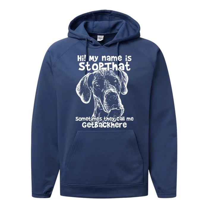 Hi My Name Is Stop That Funny Great Dane Performance Fleece Hoodie