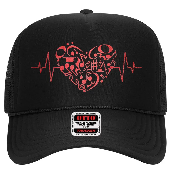 Heart Music Notes Musician Heartbeat Music Lover Music High Crown Mesh Trucker Hat