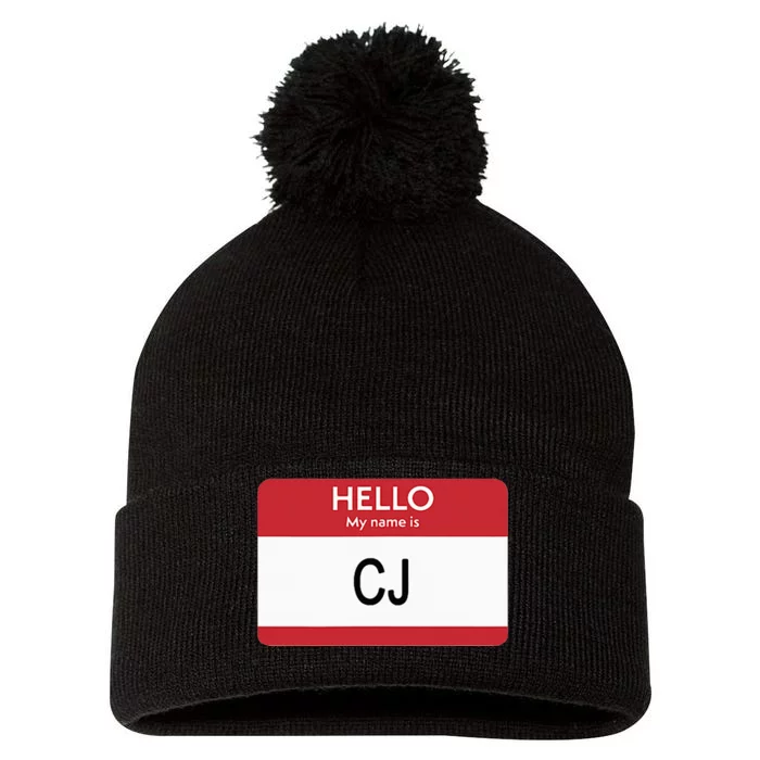 Hello My Name Is Cj Name Tag Sticker Label Pom Pom 12in Knit Beanie