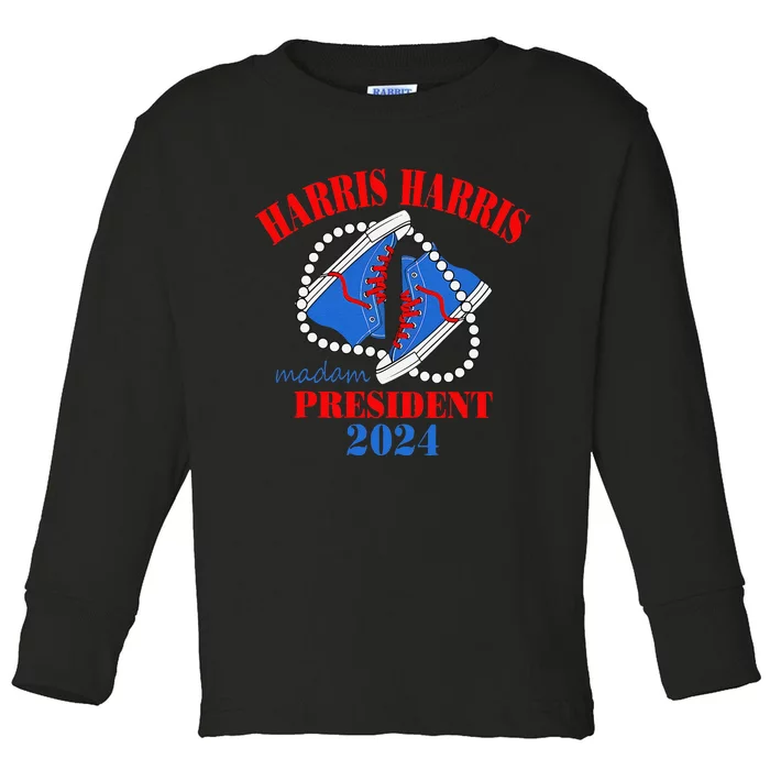 Harris Madam President 2024 Chucks And Pearls Toddler Long Sleeve Shirt