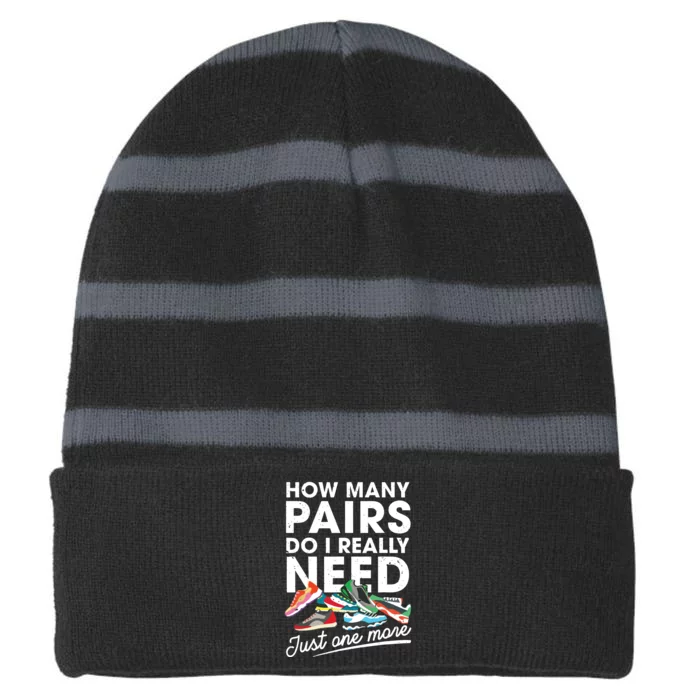 How Many Pairs Of Running Shoes Funny Runner Marathon Quote Striped Beanie with Solid Band