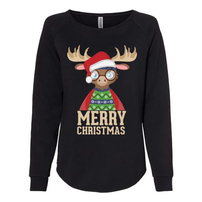 Hipster Moose Santa Hat Merry Christmas Funny Holiday Gift Womens California Wash Sweatshirt