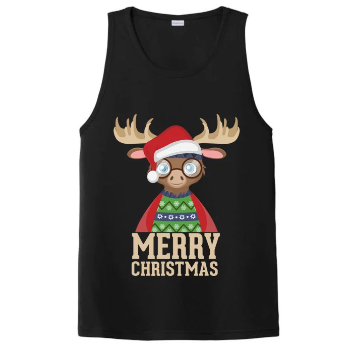 Hipster Moose Santa Hat Merry Christmas Funny Holiday Gift Performance Tank