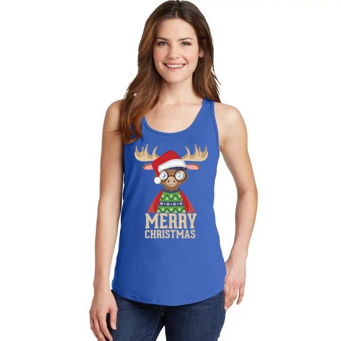 Hipster Moose Santa Hat Merry Christmas Funny Holiday Gift Ladies Essential Tank