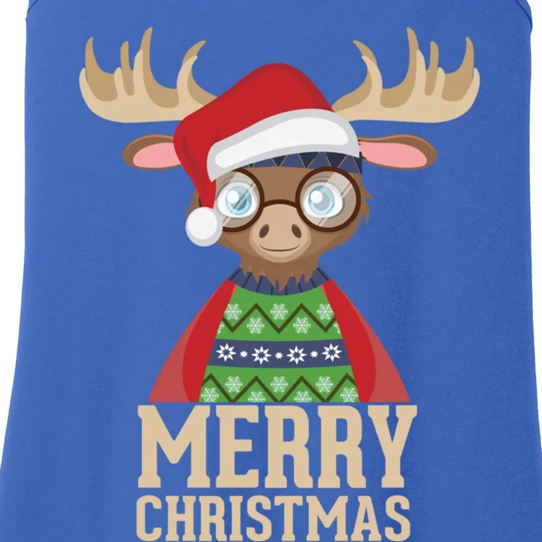 Hipster Moose Santa Hat Merry Christmas Funny Holiday Gift Ladies Essential Tank