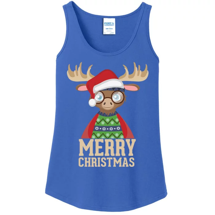 Hipster Moose Santa Hat Merry Christmas Funny Holiday Gift Ladies Essential Tank