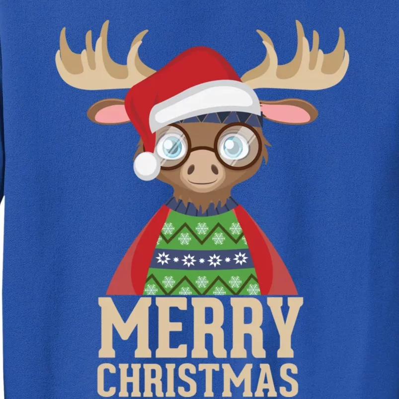 Hipster Moose Santa Hat Merry Christmas Funny Holiday Gift Tall Sweatshirt