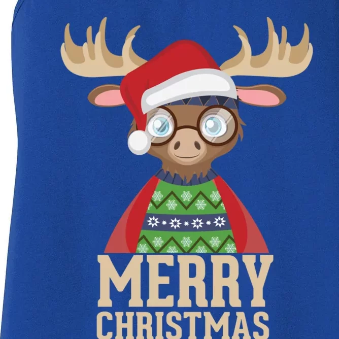 Hipster Moose Santa Hat Merry Christmas Funny Holiday Gift Women's Racerback Tank