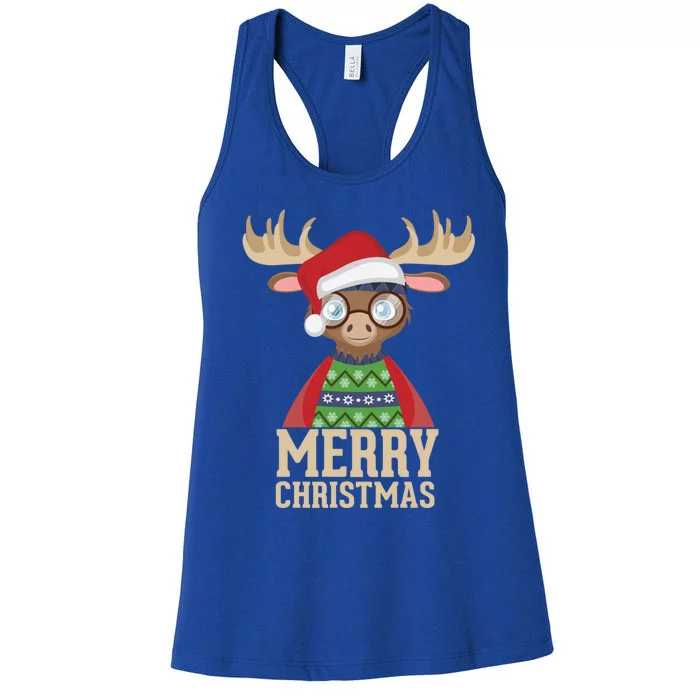 Hipster Moose Santa Hat Merry Christmas Funny Holiday Gift Women's Racerback Tank