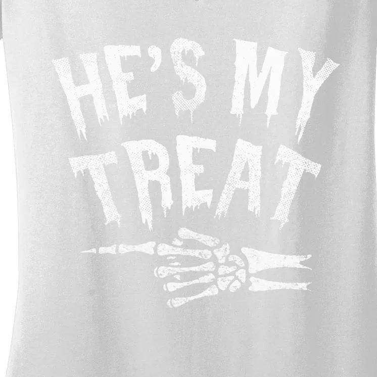 He's My Treat Funny Halloween Matching Couple Costume Women's V-Neck T-Shirt