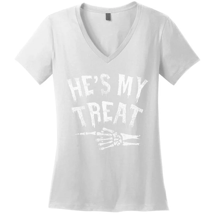 He's My Treat Funny Halloween Matching Couple Costume Women's V-Neck T-Shirt