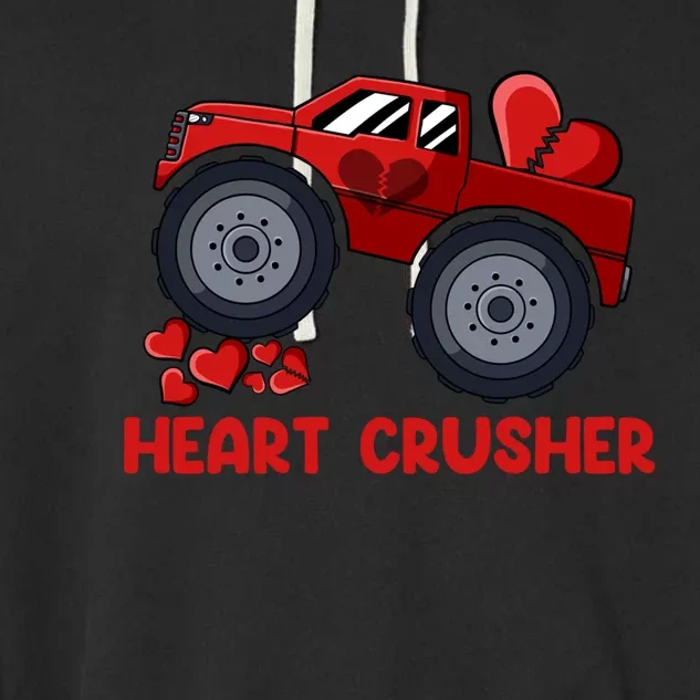 Heart Monster Truck Crusher Valentines Day Cute Gift Garment-Dyed Fleece Hoodie