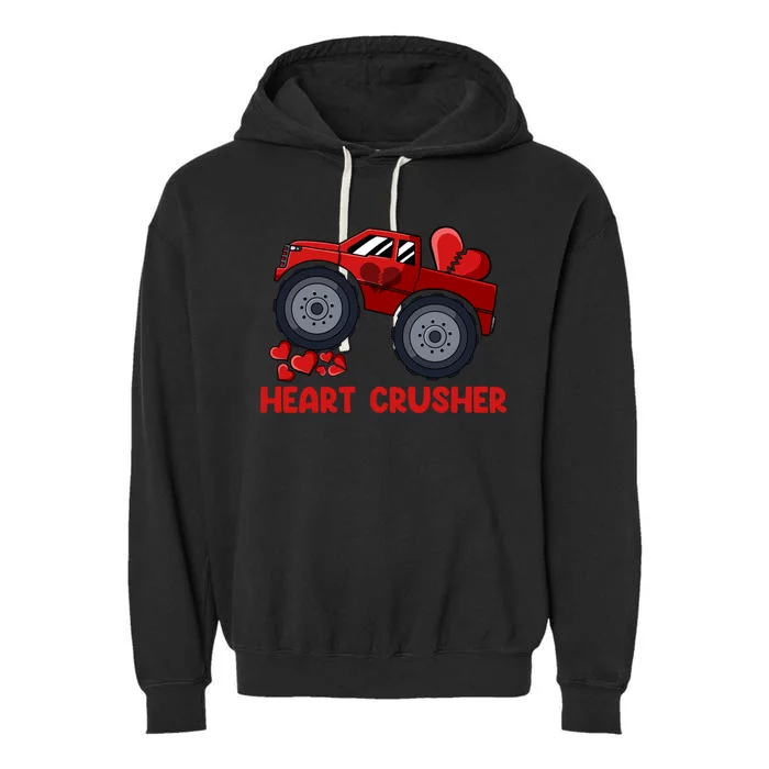 Heart Monster Truck Crusher Valentines Day Cute Gift Garment-Dyed Fleece Hoodie