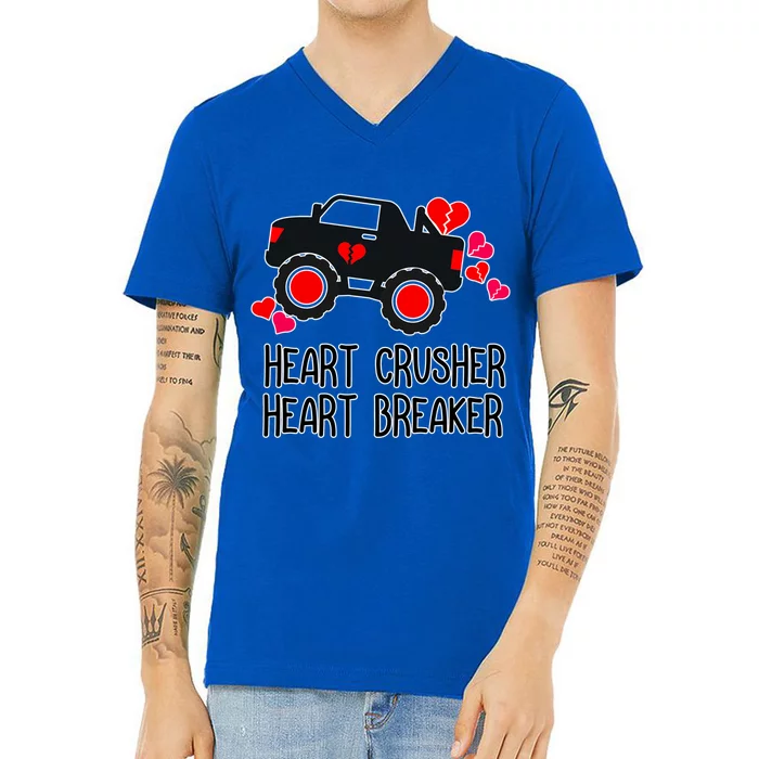 Heart Monster Truck Crusher Valentines Day Cute Funny Hearts Meaningful Gift V-Neck T-Shirt