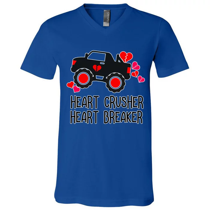 Heart Monster Truck Crusher Valentines Day Cute Funny Hearts Meaningful Gift V-Neck T-Shirt