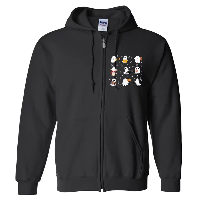 Halloween Music Teacher Ghost Playing Musical Instruments Full Zip Hoodie