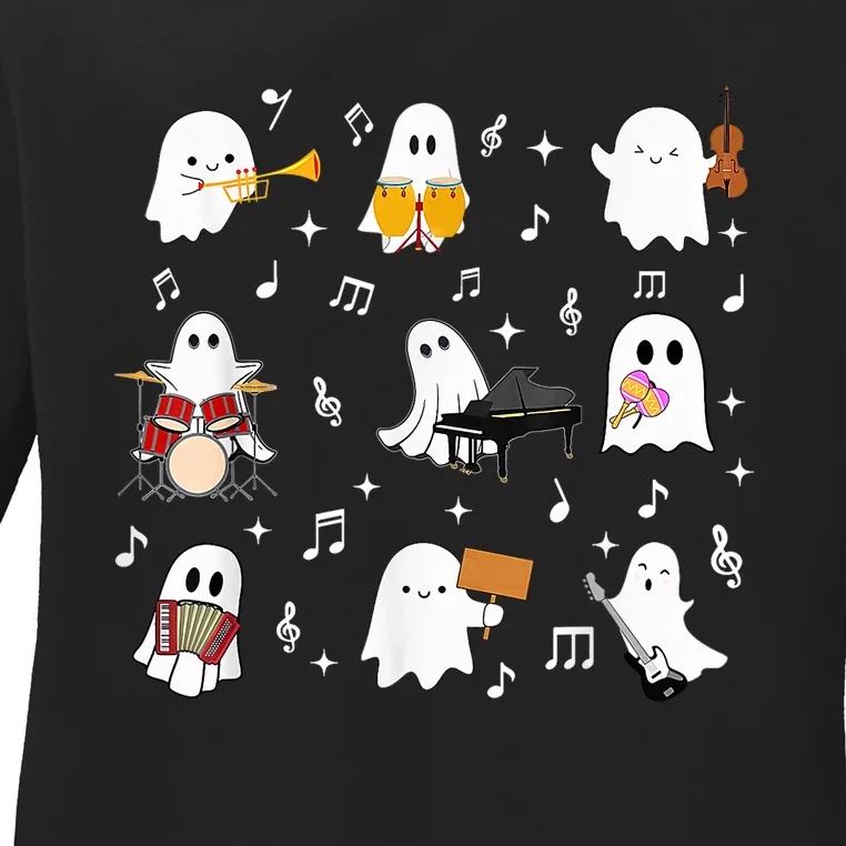 Halloween Music Teacher Ghost Playing Musical Instruments Ladies Long Sleeve Shirt